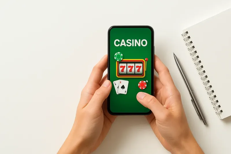 Hands holding phone with casino app above clean white desk