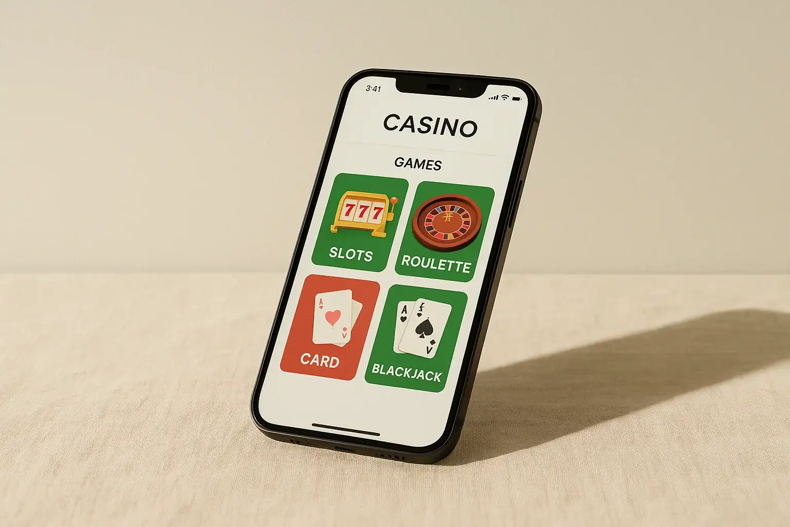 Casino App Smartphone Smartphone angled on cream background showing light casino game interface