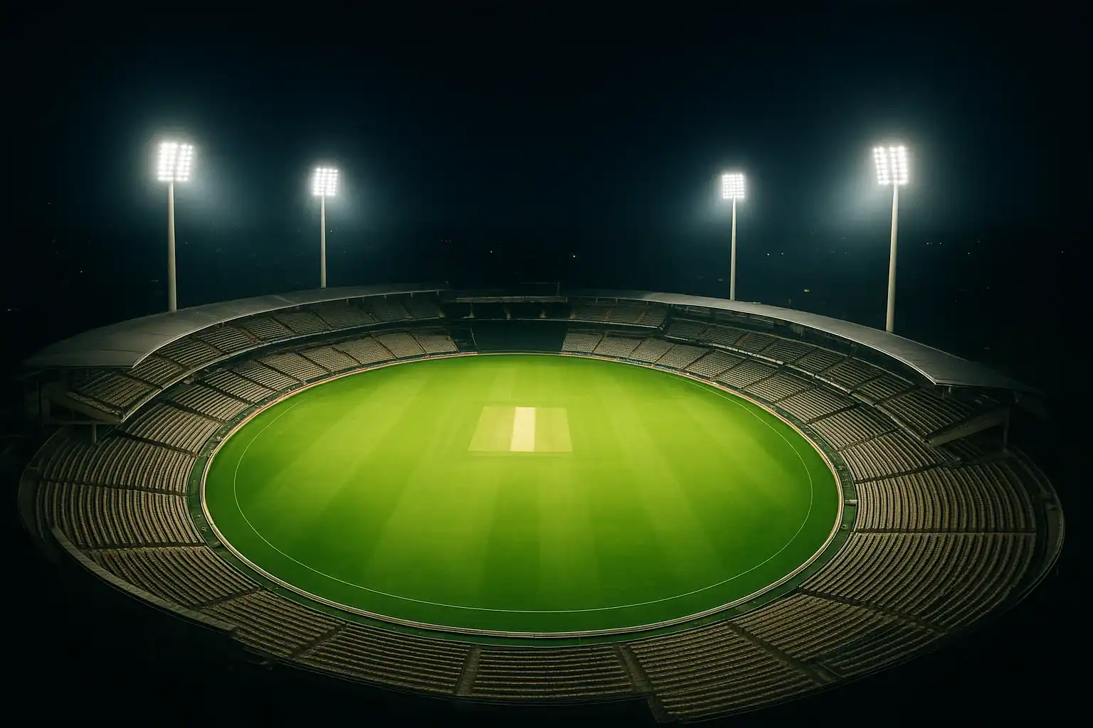 Aerial view of cricket stadium at night with bright floodlights