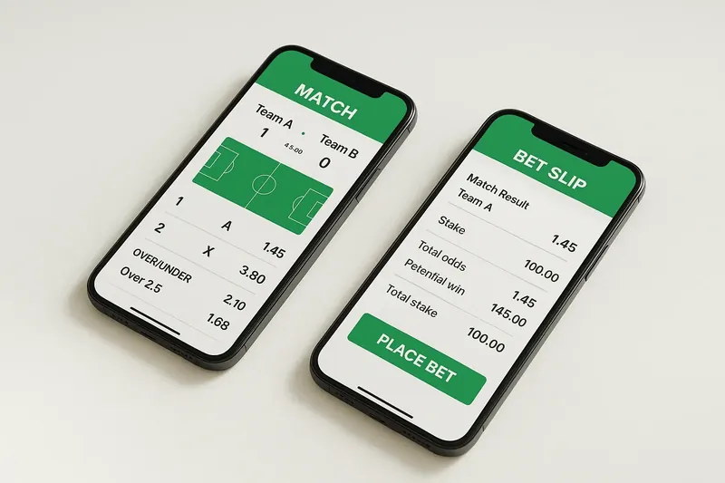 Two smartphones showing match dashboard and bet slip on cream surface
