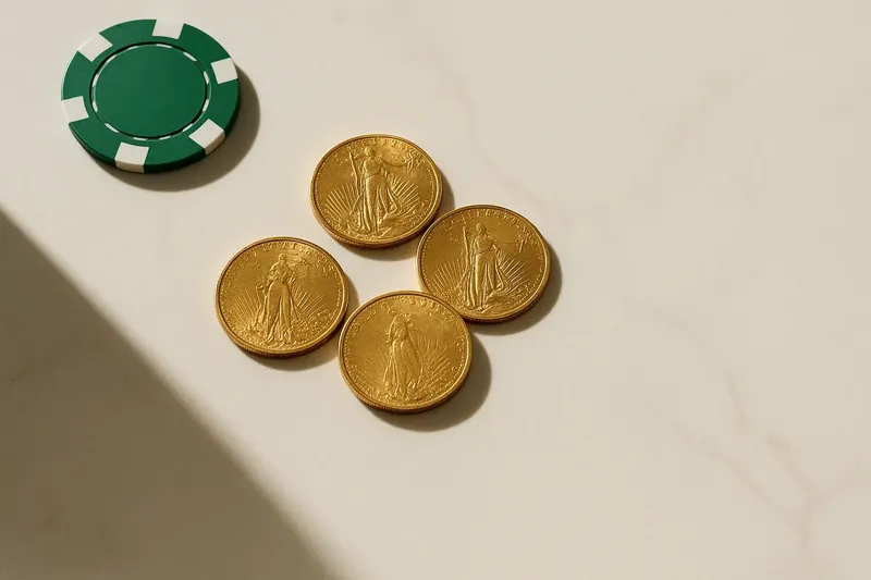 Five gold coins on cream marble with poker chip edge
