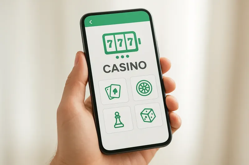 Hand holding smartphone with clean light-themed casino app interface