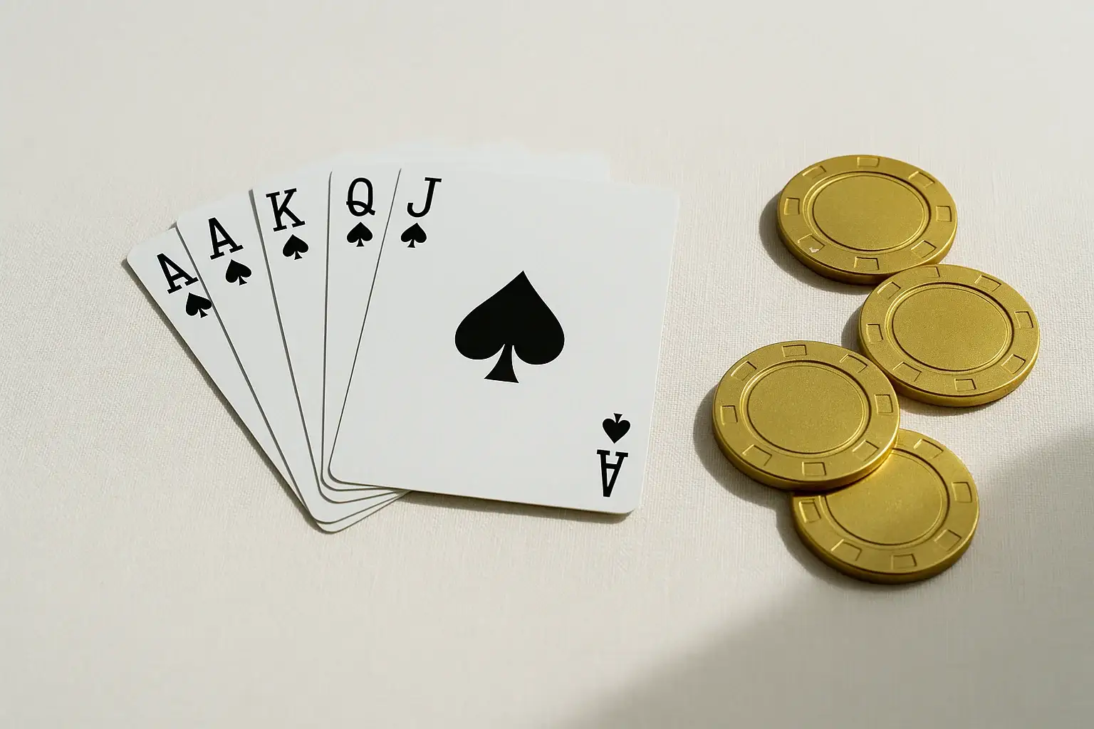 Playing cards and gold casino chips on cream linen surface