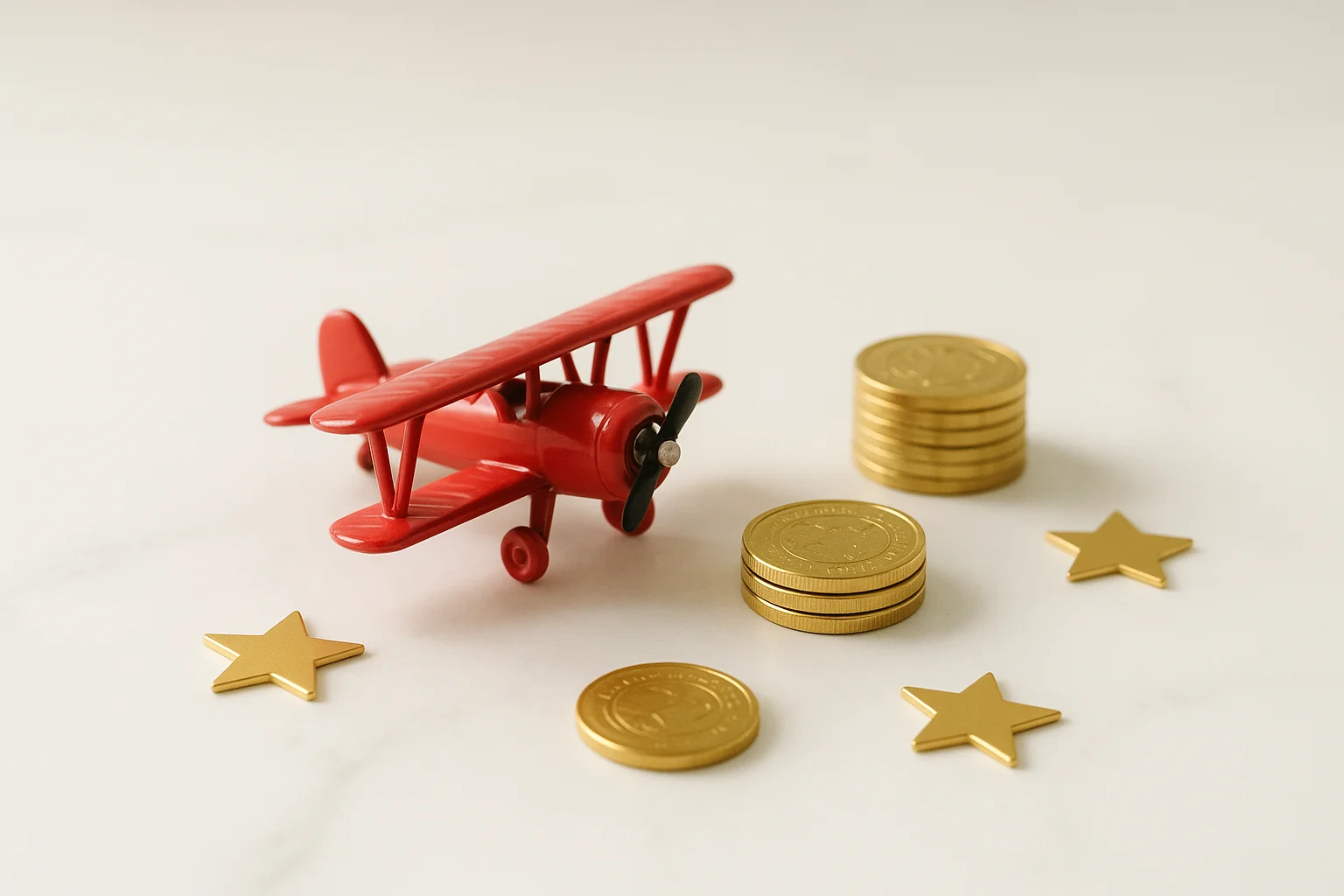 Miniature red airplane with gold coins and star tokens on marble