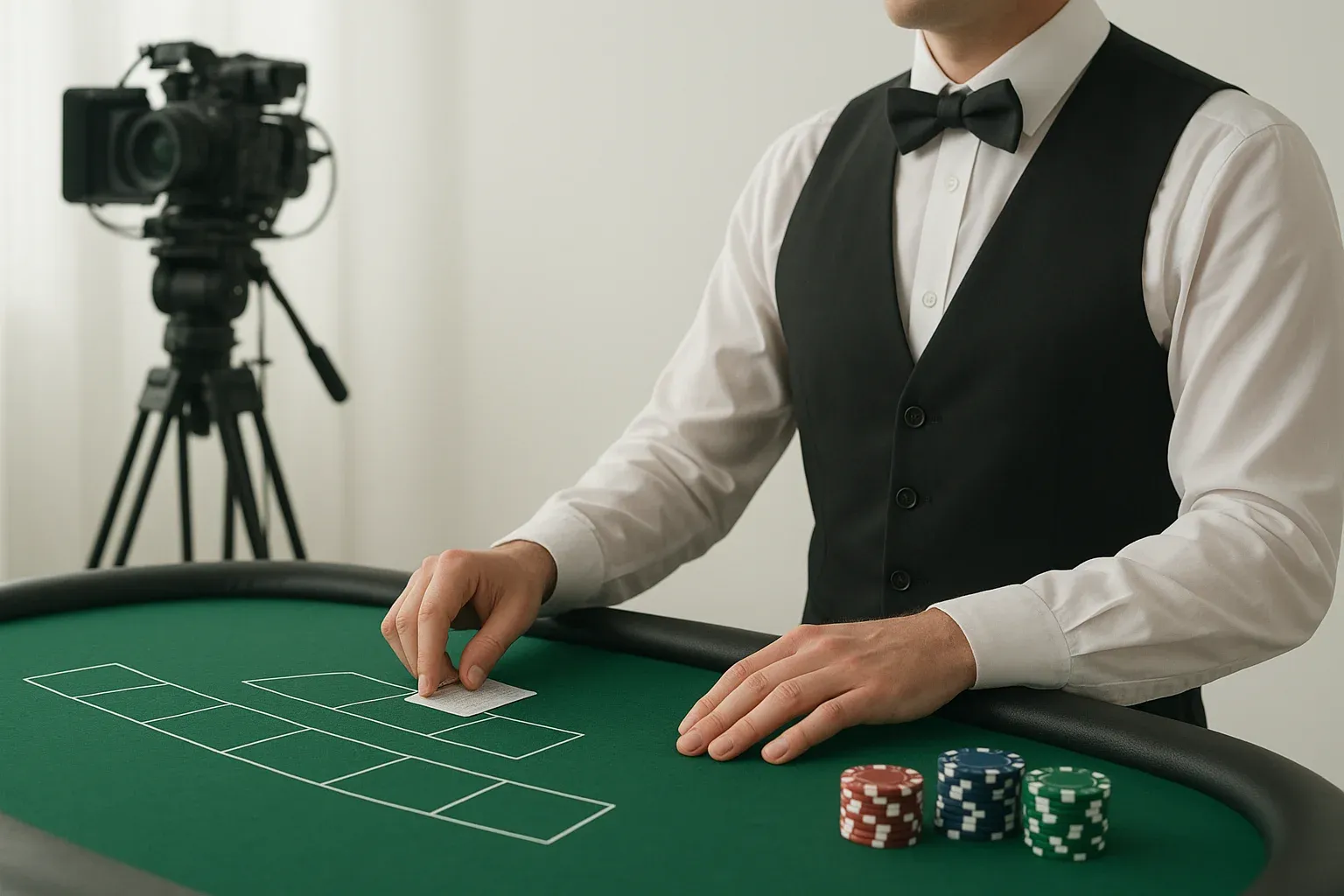 Professional blackjack dealer in live casino studio with camera rig