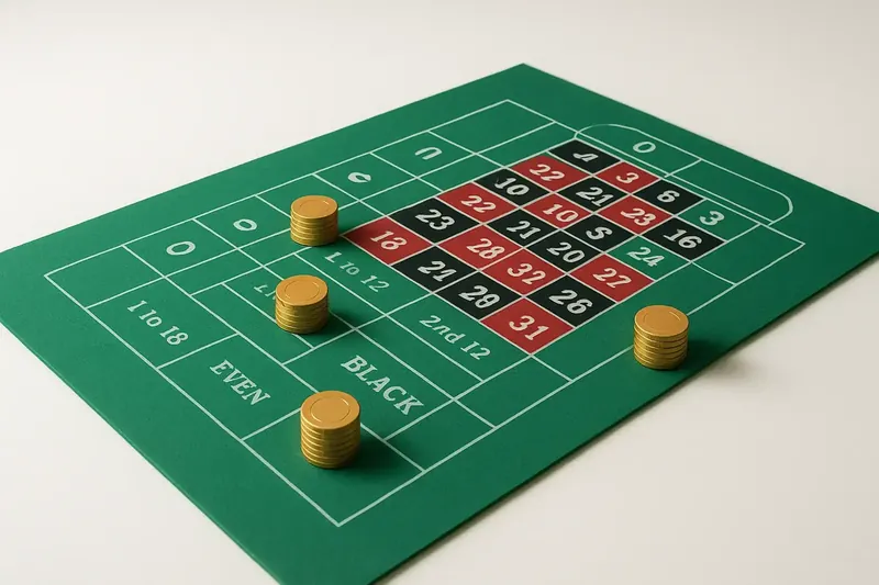 Top-down roulette table with green felt grid and gold chips