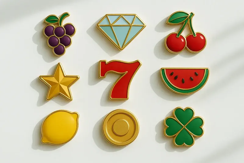 Assorted casino slot icons with fruit, diamonds, lucky sevens, and stars