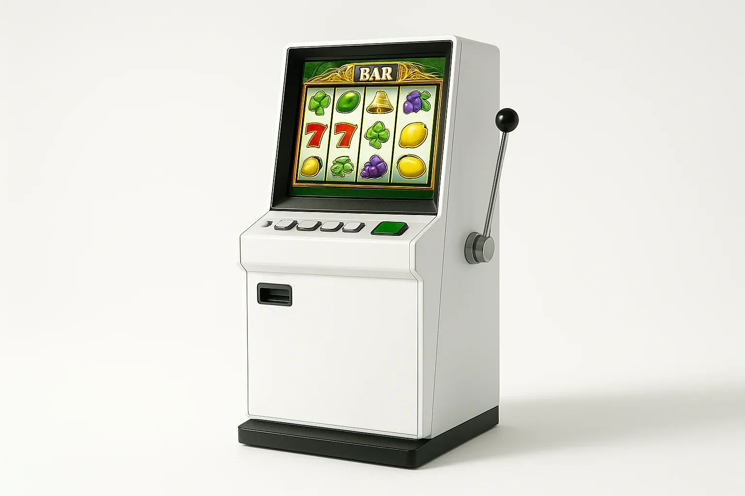 Studio Slot Terminal White studio shot of angled slot machine terminal with vibrant game screen